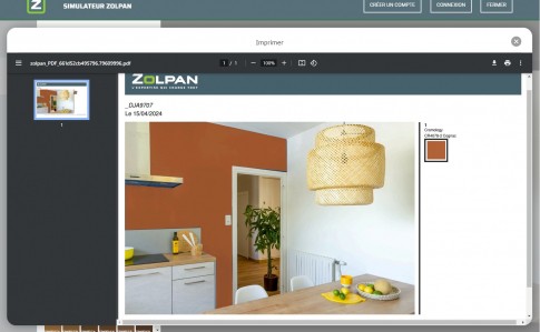 Simulateur de couleur de peinture en ligne ZOLPAN, enregistrer puis imprimer ou envoyer le projet à votre client