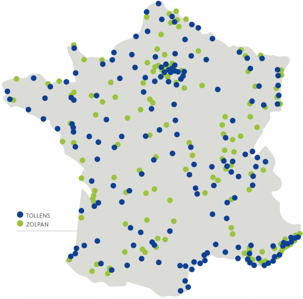 Carte des magasins de peinture Tollens et magasins de peinture Zolpan unis pour les clients particuliers et professionnels