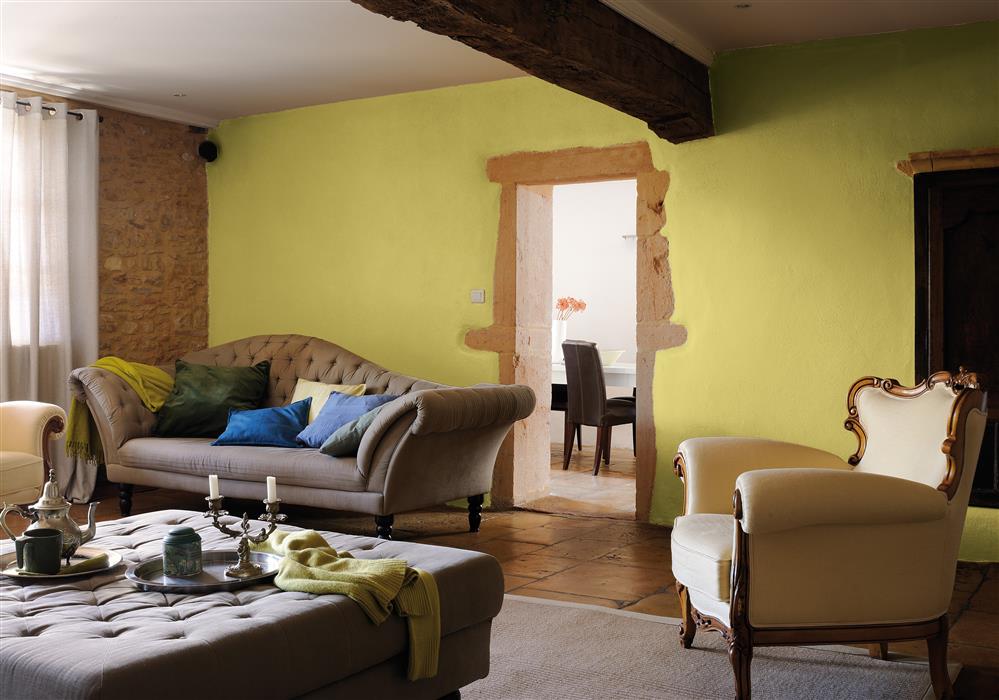 Salon réalisé avec de la peinture intérieure dans les tons de vert et de beige